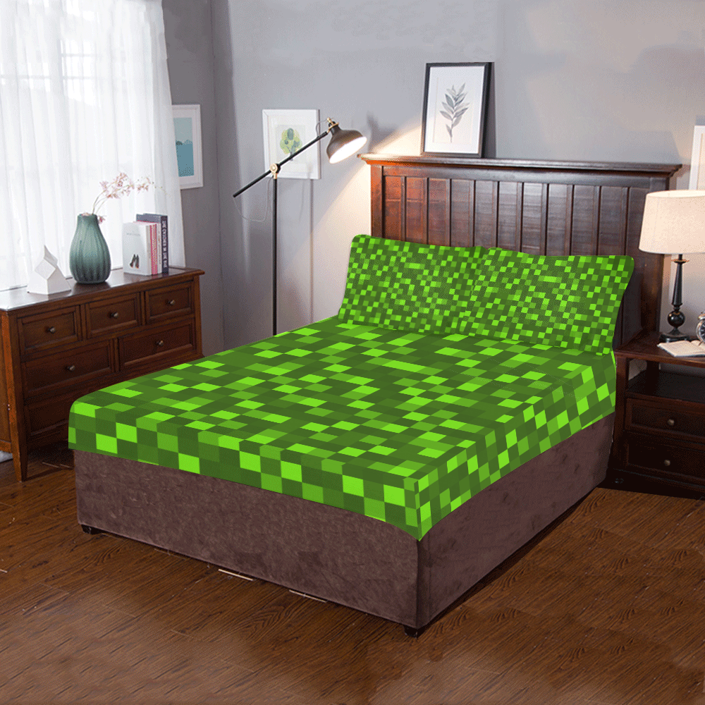 Funky Funny Light And Dark Green Neon Color Pixel Pixels Blocks Gamer 3 Piece Bedding Set Id D2623500