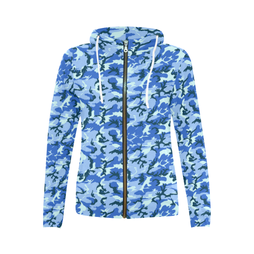 Woodland Blue Camouflage All Over Print Full Zip Hoodie for Women (Model H14)
