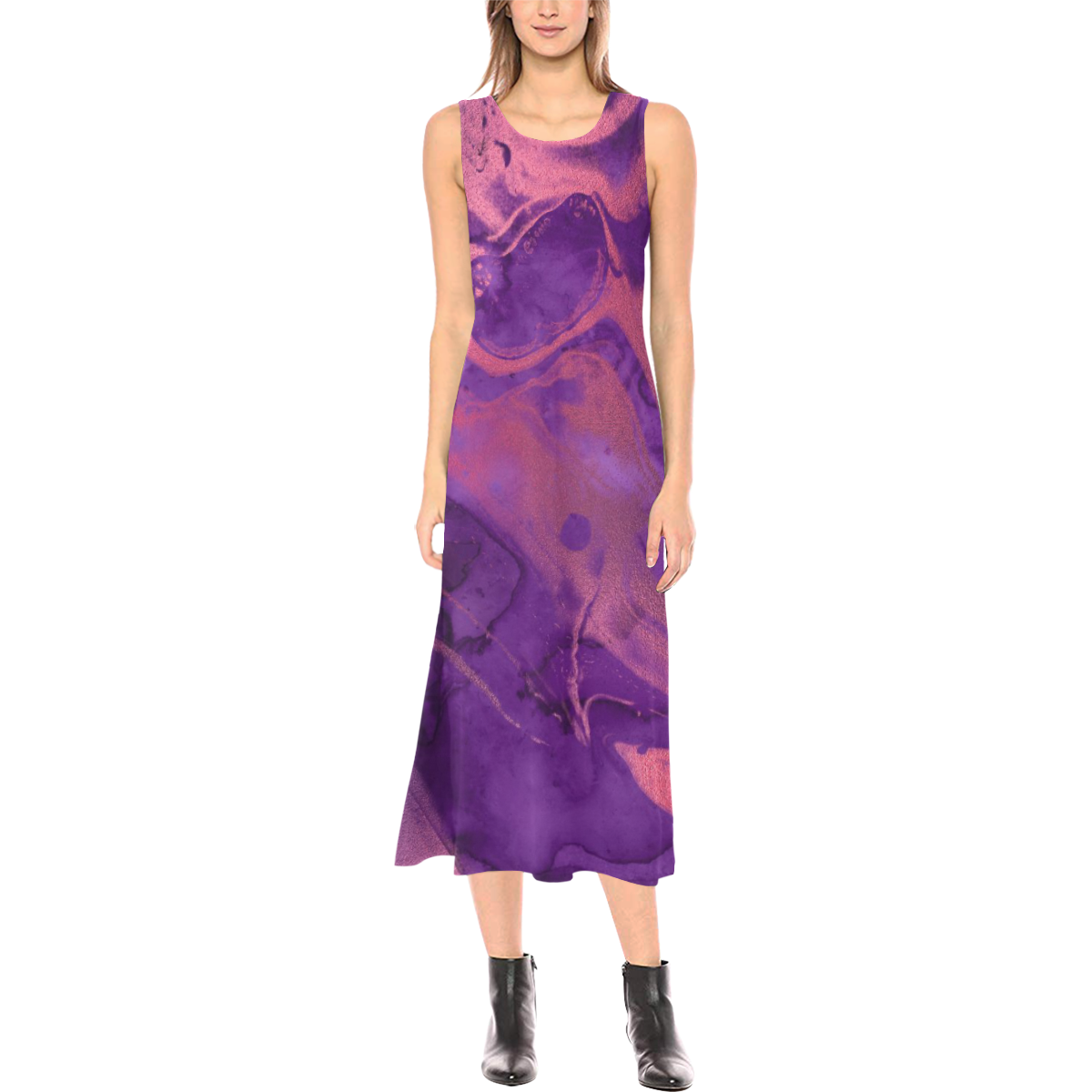 FD's Purple Marble Collection- Women's Purple Marble Sleeveless Open Long Dress 53086 Phaedra Sleeveless Open Fork Long Dress (Model D08)