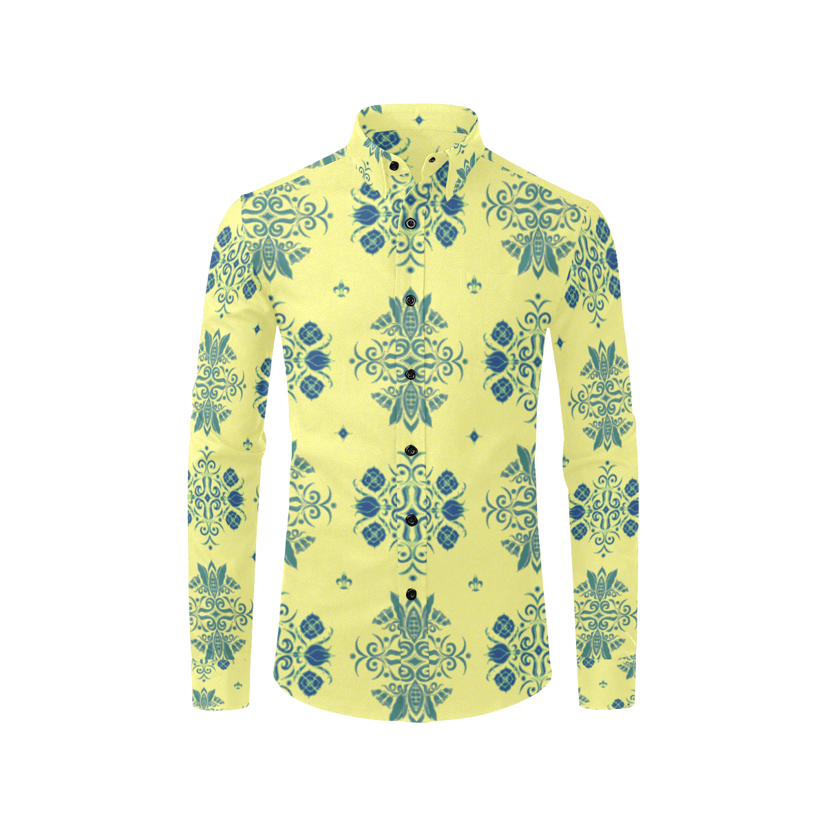Blue Wall Flower Print on Soft Yellow Field by Aleta Men's All Over Print Casual Dress Shirt (Model T61)