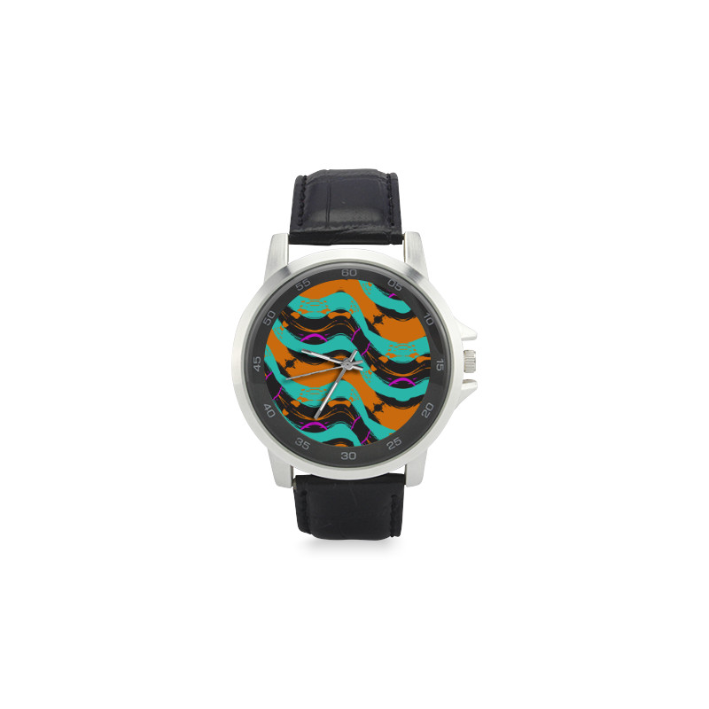 Blue orange black waves Unisex Stainless Steel Leather Strap Watch(Model 202)