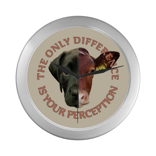 Vegan Cow and Dog Design with Slogan Silver Color Wall Clock