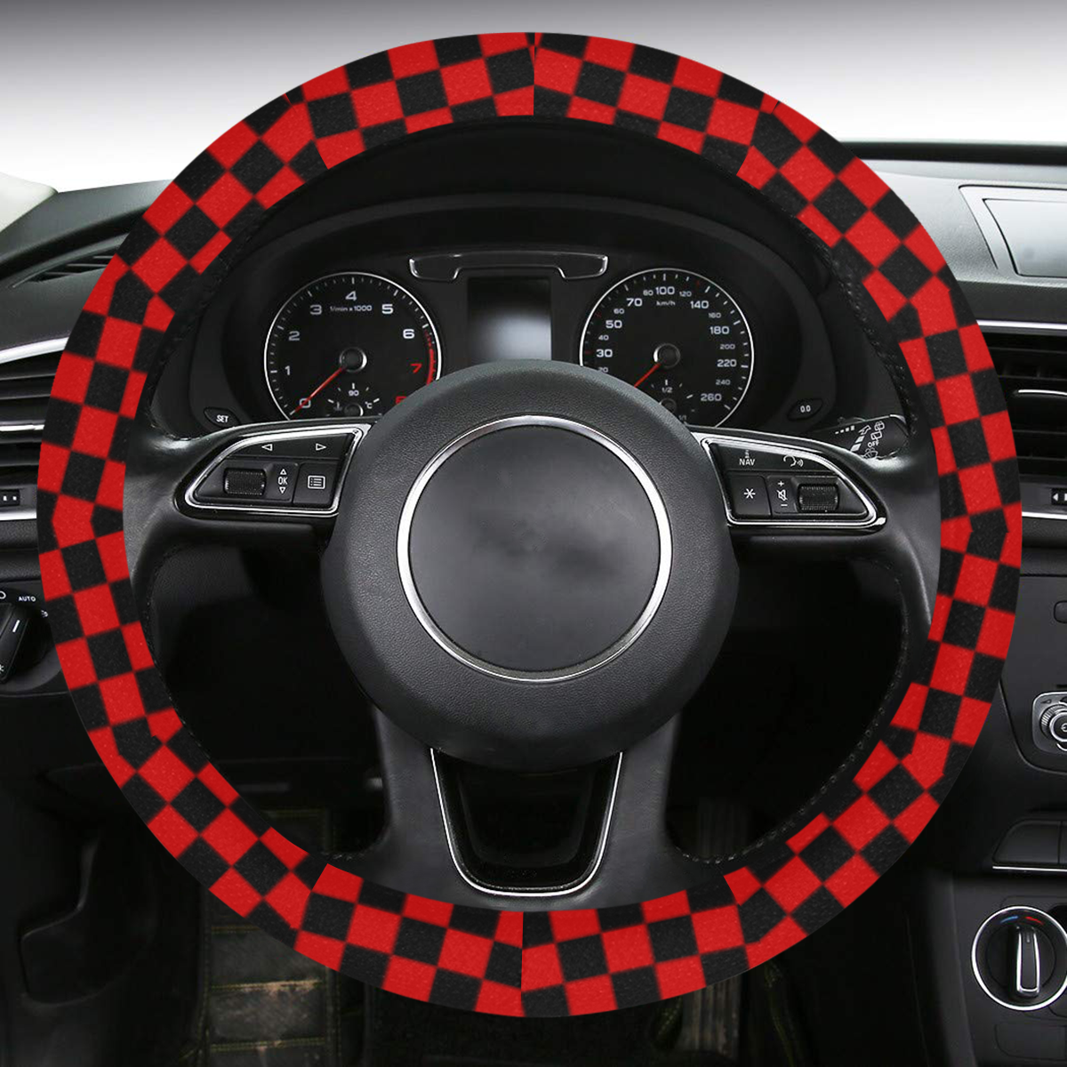 Checkerboard Black And Red Steering Wheel Cover with Anti-Slip Insert