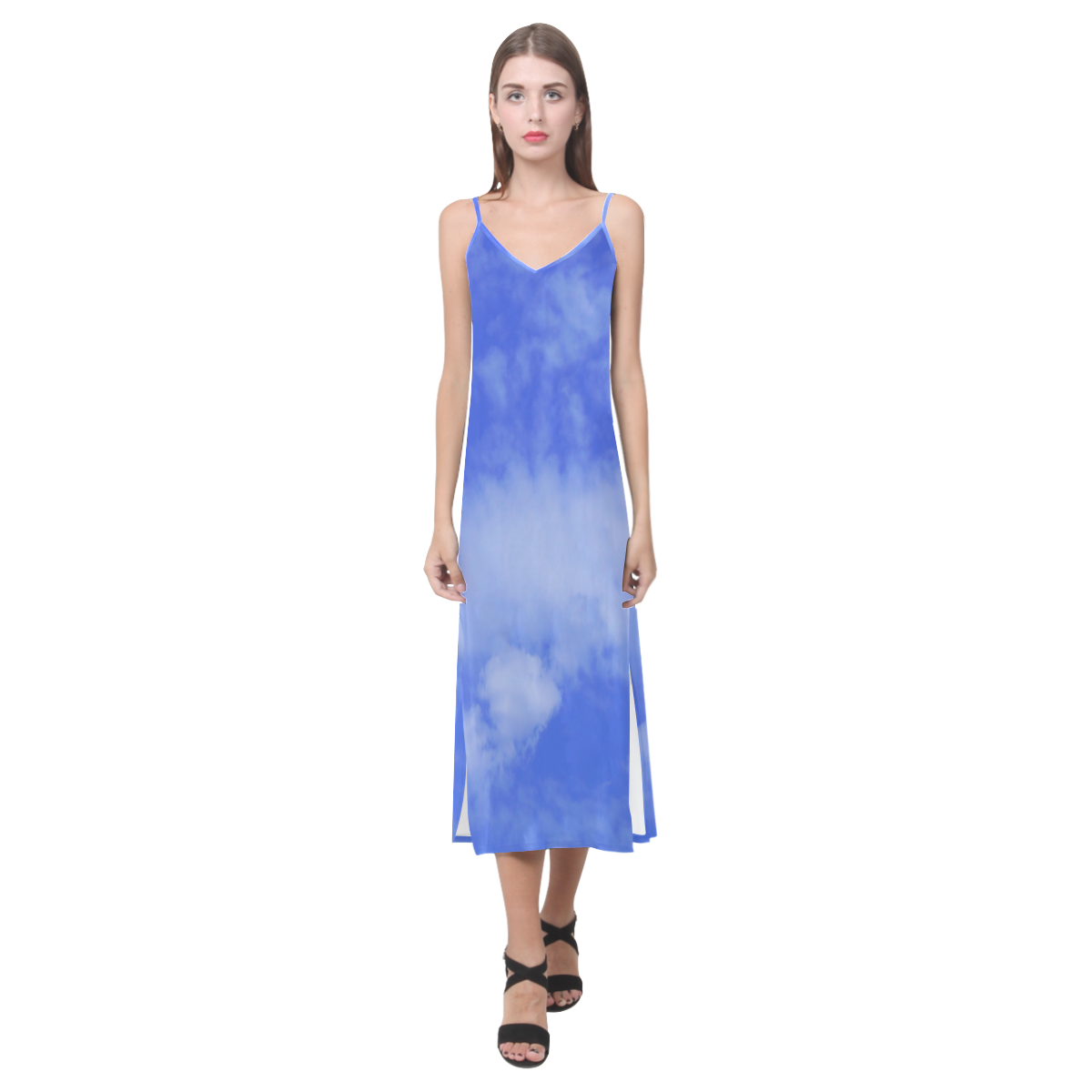 Blue Clouds V-Neck Open Fork Long Dress(Model D18)