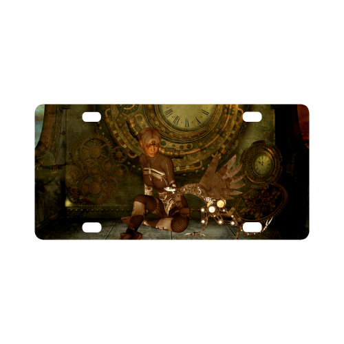 Steampunk, women with steampunk dragon Classic License Plate