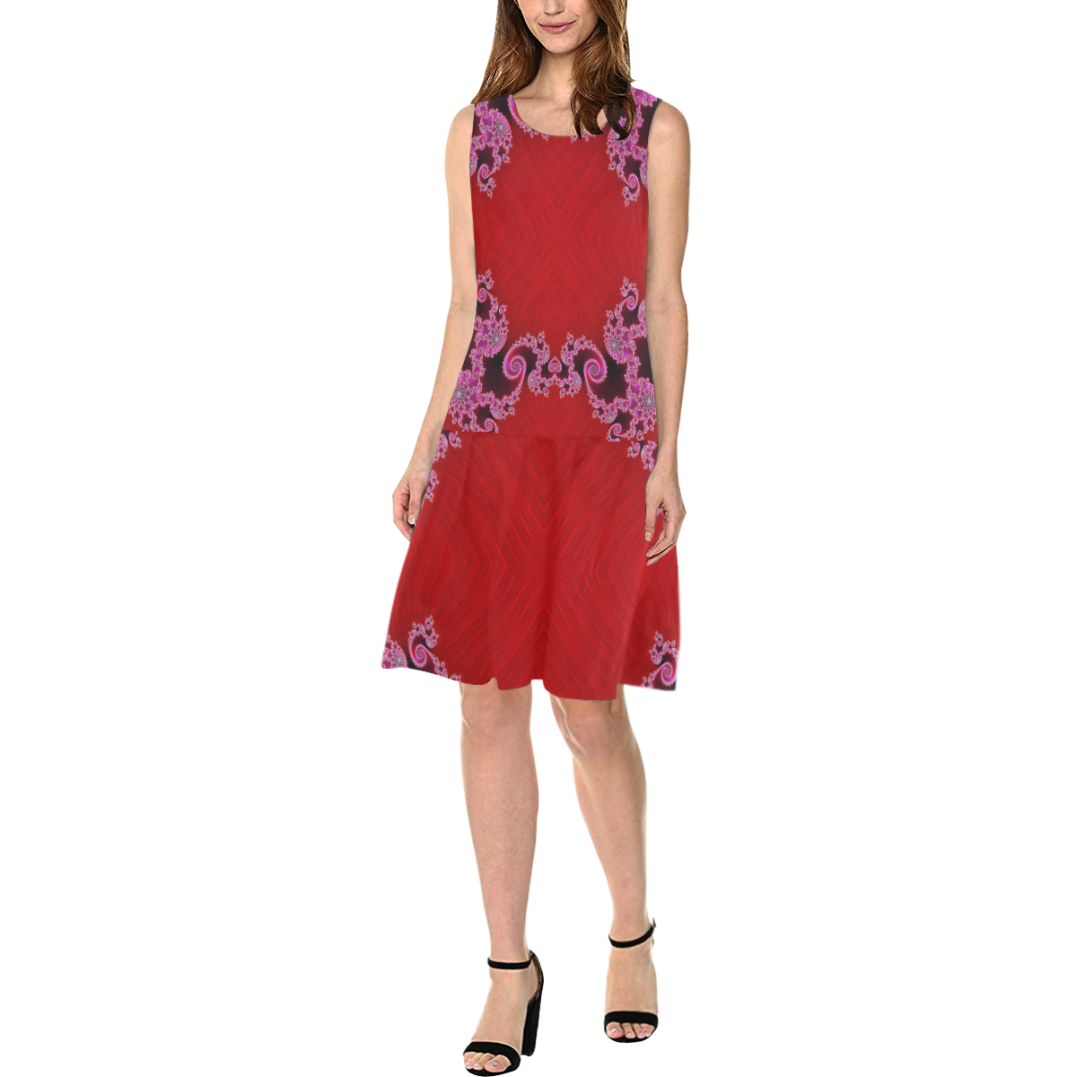Red Pink Mauve Hearts and Lace Fractal Abstract 2 Sleeveless Splicing Shift Dress(Model D17)