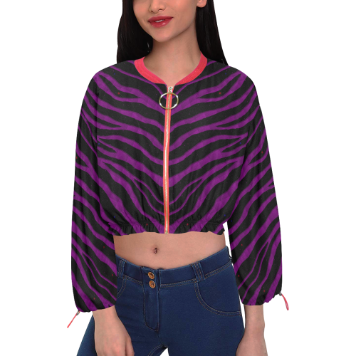 Ripped SpaceTime Stripes - Purple Cropped Chiffon Jacket for Women (Model H30)