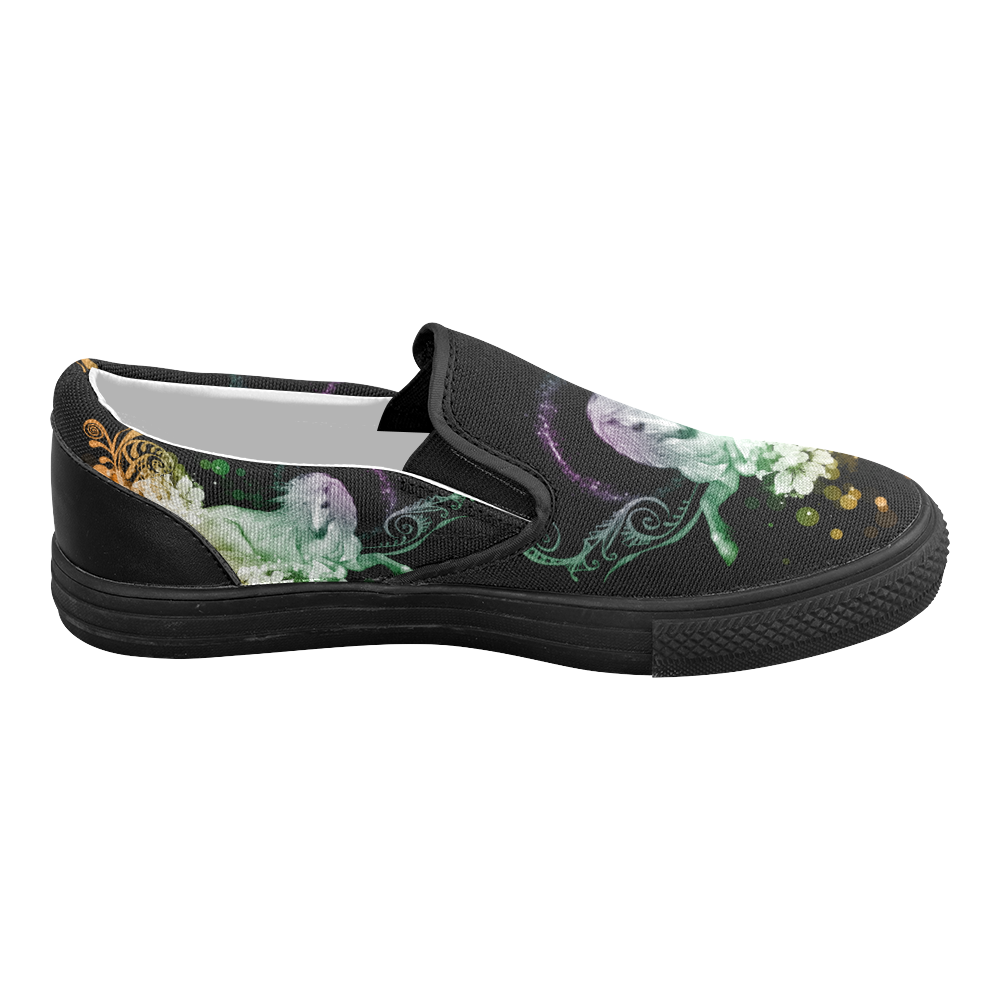 Beautiful unicorn with flowers, colorful Women's Slip-on Canvas Shoes (Model 019)