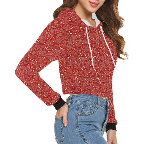 red white hearts All Over Print Crop Hoodie for Women (Model H22)