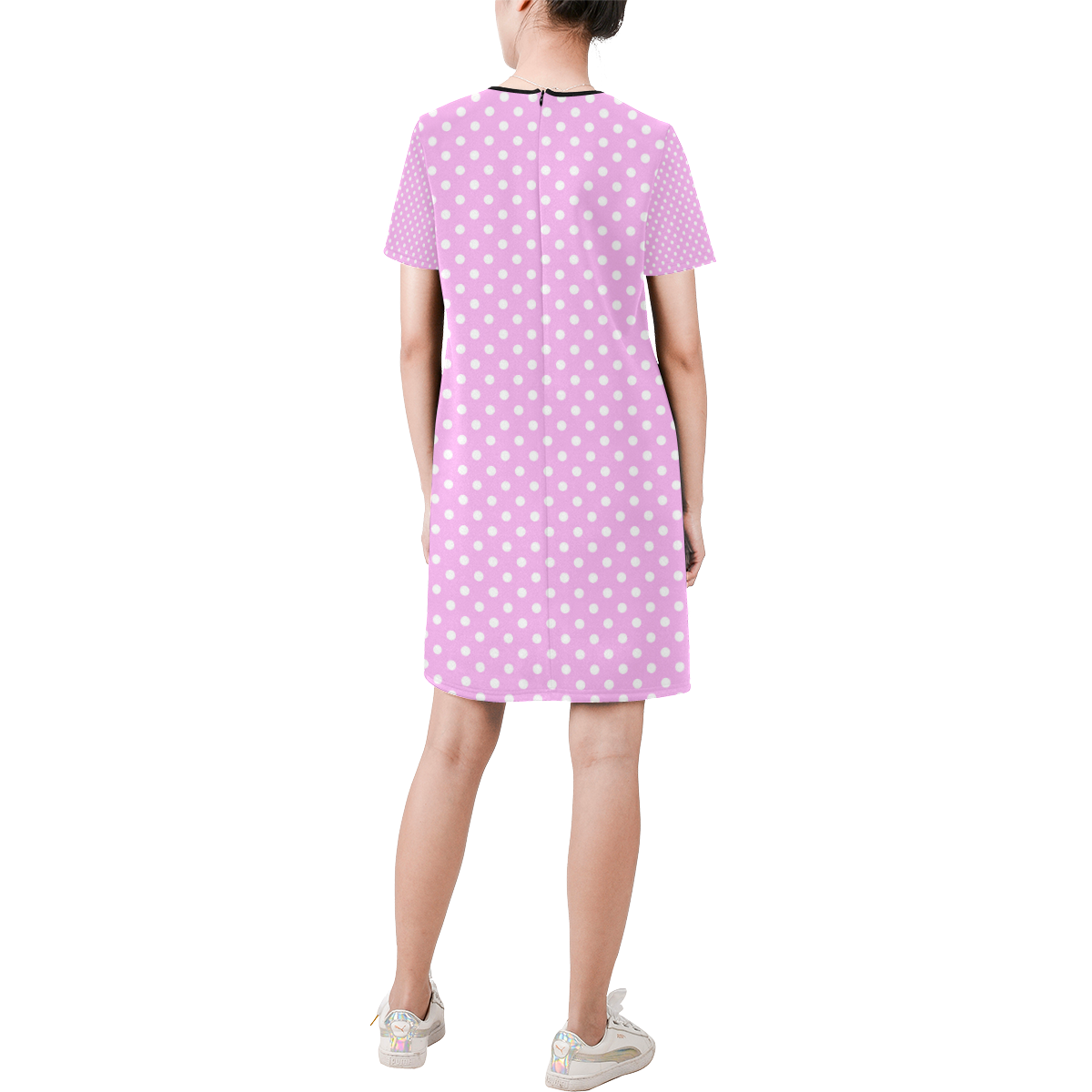 Polka-dot pattern Short-Sleeve Round Neck A-Line Dress (Model D47)