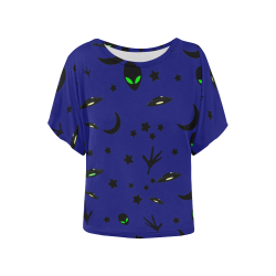 Alien Flying Saucers Stars Pattern on Blue Women's Batwing-Sleeved Blouse T shirt (Model T44)