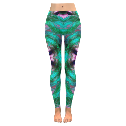 Green pink kaleidoscope Women's Low Rise Leggings (Invisible Stitch) (Model L05)