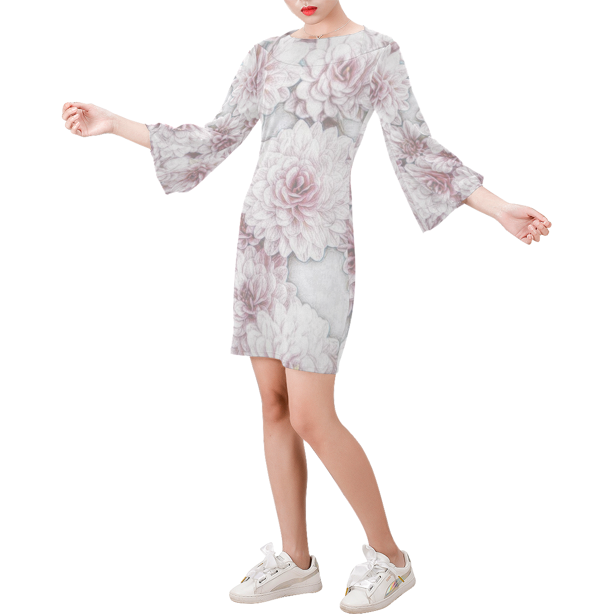 Delicate floral 318 by JamColors Bell Sleeve Dress (Model D52)