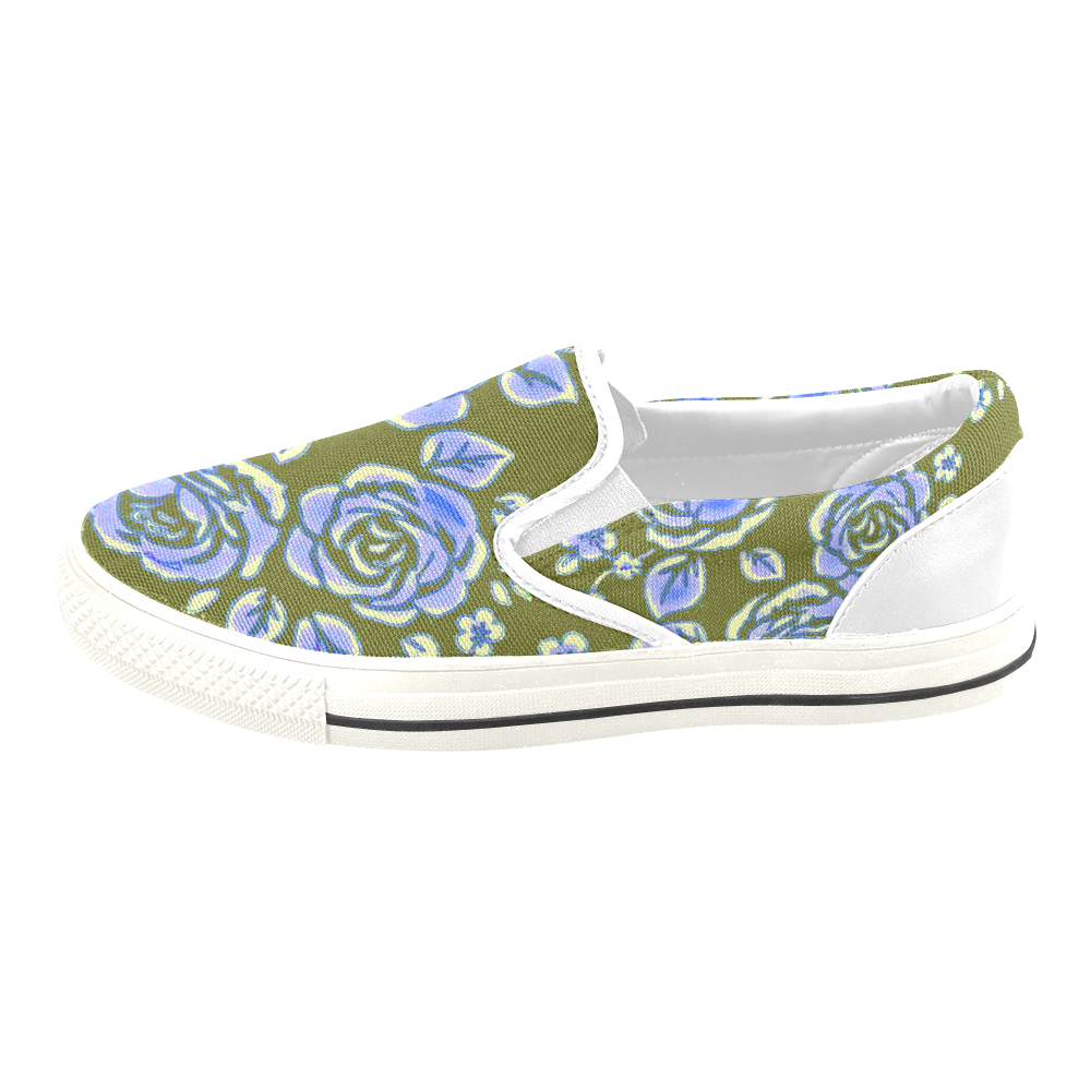 Green Blue Vintage Roses Slip-on Canvas Shoes for Kid (Model 019)