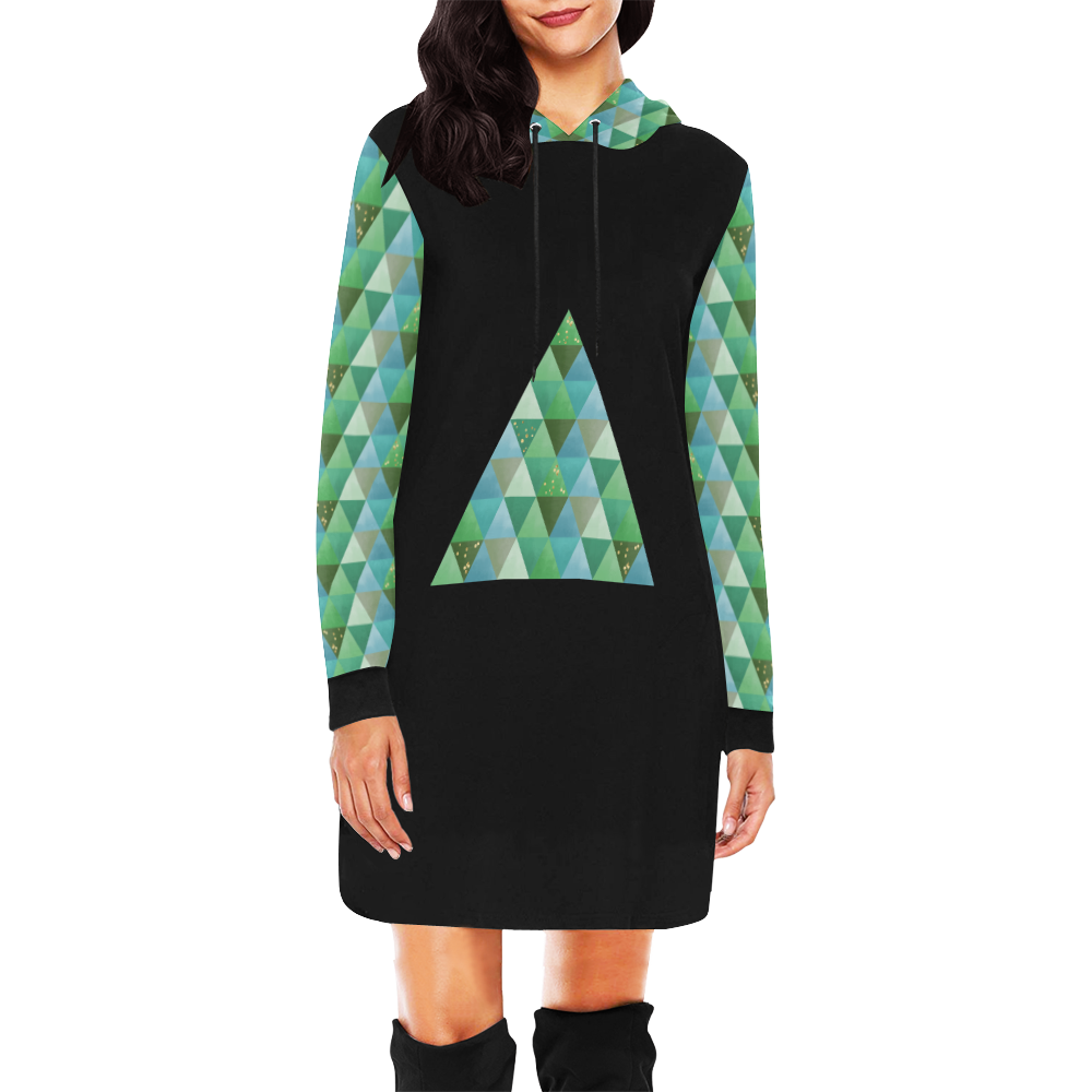 Triangle Pattern - Green Teal Khaki Moss All Over Print Hoodie Mini Dress (Model H27)