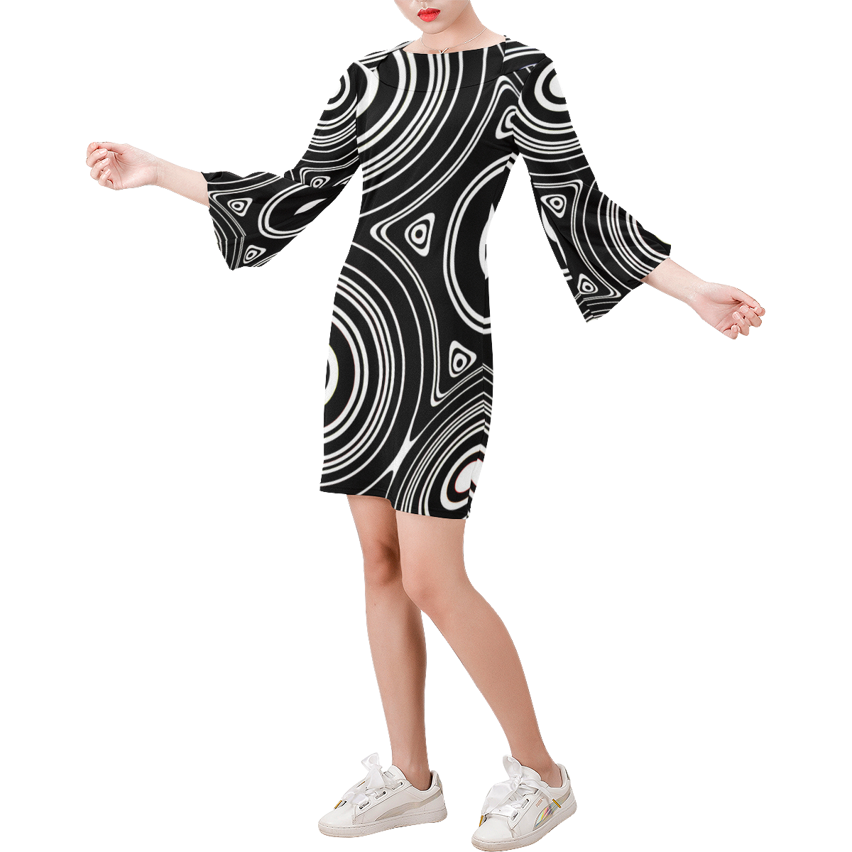 Concentric Circle Pattern Bell Sleeve Dress (Model D52)