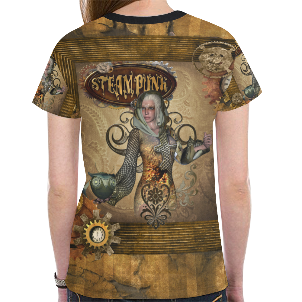 Steampunk lady with owl New All Over Print T-shirt for Women (Model T45)