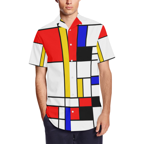 Bauhouse Composition Mondrian Style Men's Short Sleeve Shirt with Lapel Collar (Model T54)