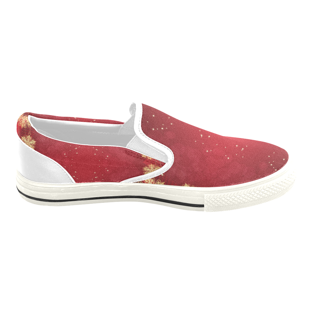 Golden Christmas Snowflake Ornaments on Red Women's Slip-on Canvas Shoes/Large Size (Model 019)