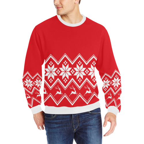 Christmas Reindeer Snowflake Red Men's Rib Cuff Crew Neck Sweatshirt (Model H34)