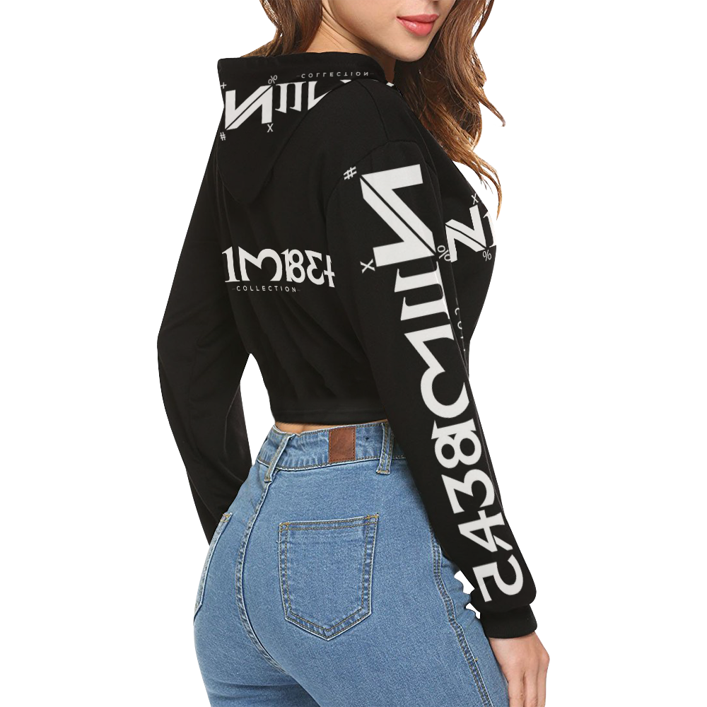 NUMBERS Collection LOGO Black/White All Over Print Crop Hoodie for Women (Model H22)
