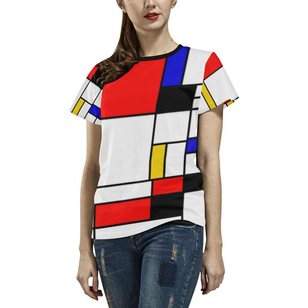Bauhouse Composition Mondrian Style All Over Print T-shirt for Women/Large Size (USA Size) (Model T40)