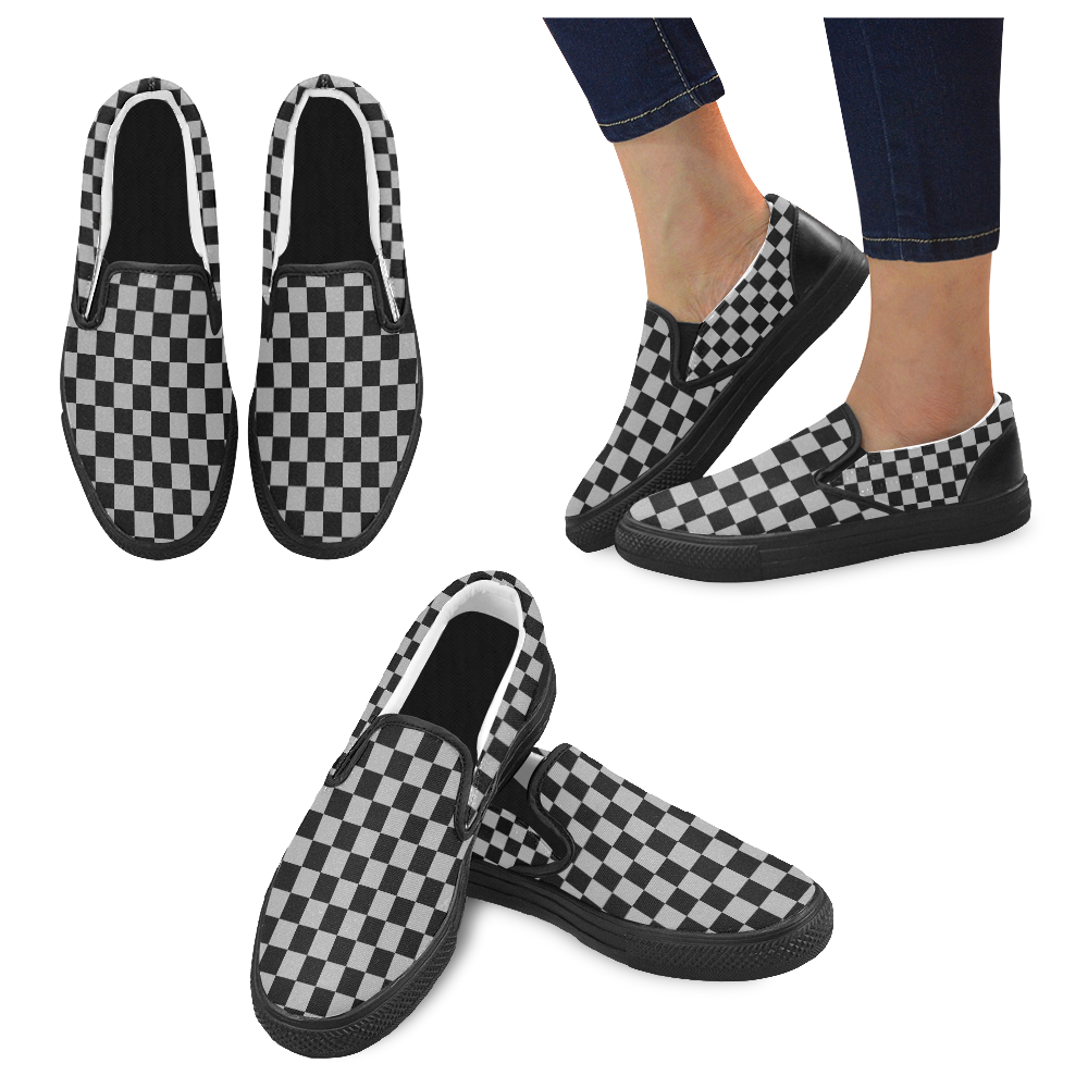 Checkerboard Black and Silver Slip-on Canvas Shoes for Men/Large Size (Model 019)