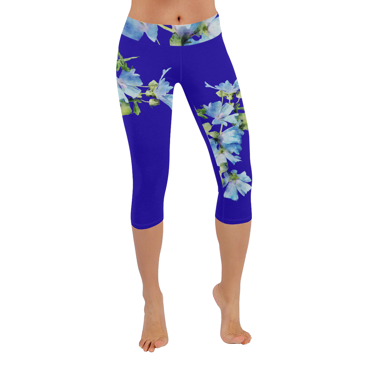 Fairlings Delight's Flowering Blues Bouquets 53086J1 Women's Low Rise Capri Leggings (Invisible Stitch) (Model L08)