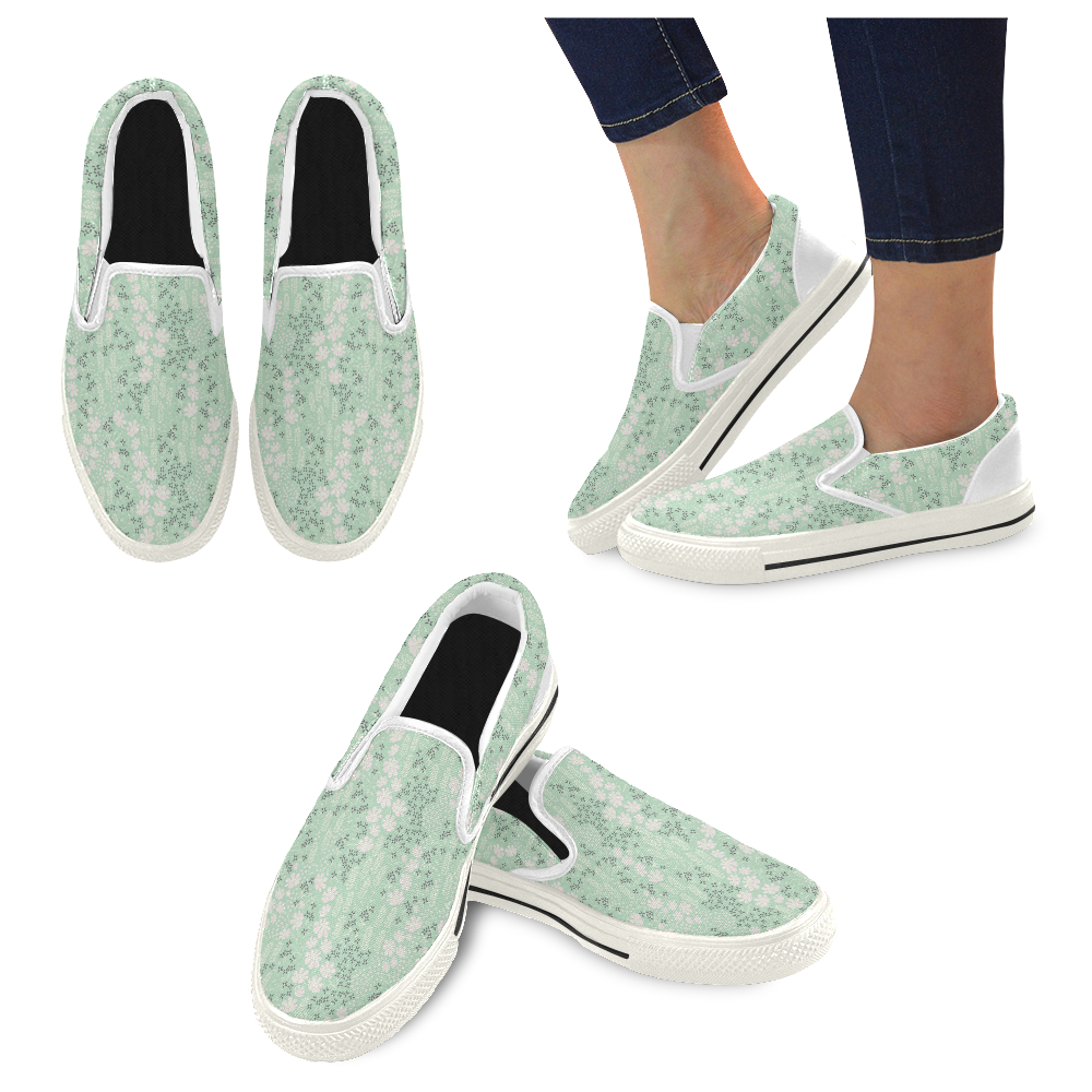 Mint Floral Pattern Women's Slip-on Canvas Shoes/Large Size (Model 019)