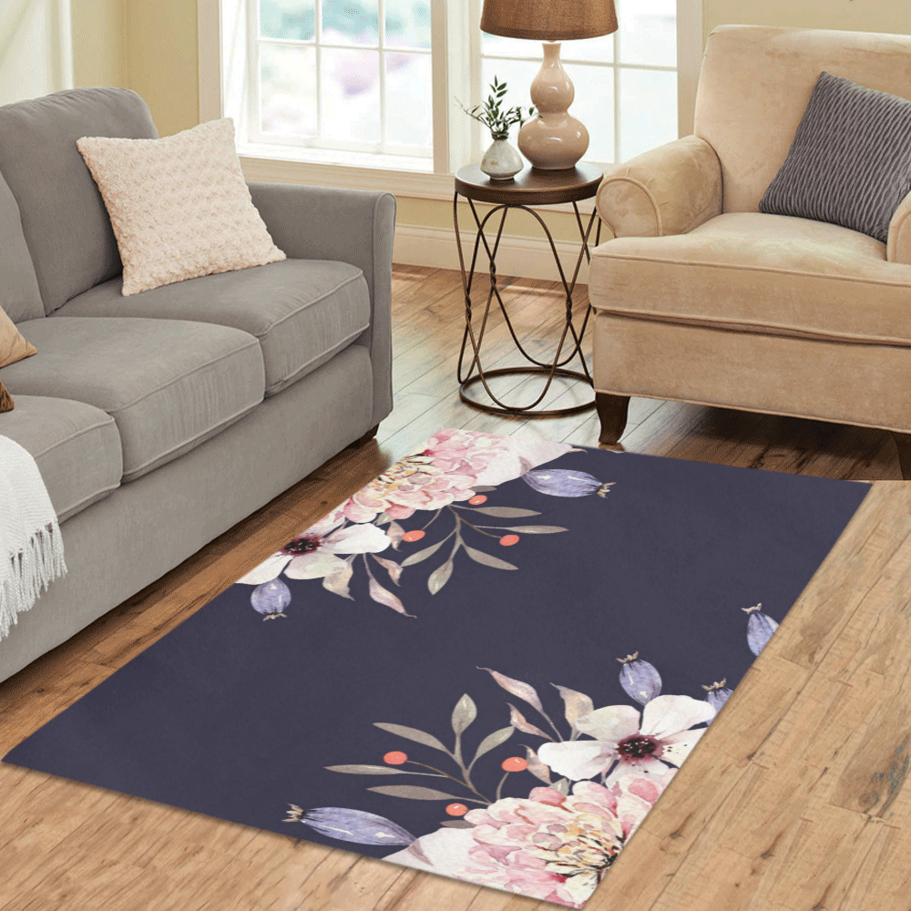 Watercolor Flowers Plum Pink Coral Area Rug 5'3''x4'