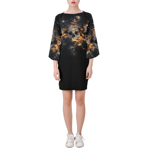 Flaming Skulls Bell Sleeve Dress Bell Sleeve Dress (Model D52)