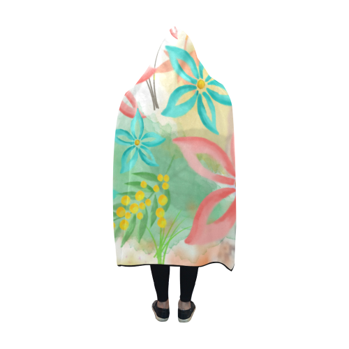 Flower Pattern - coral pink, teal green, yellow Hooded Blanket 60''x50''