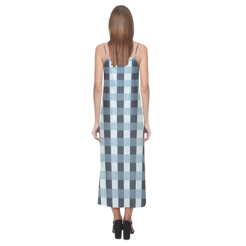 Tartan Turquoise V-Neck Open Fork Long Dress(Model D18)