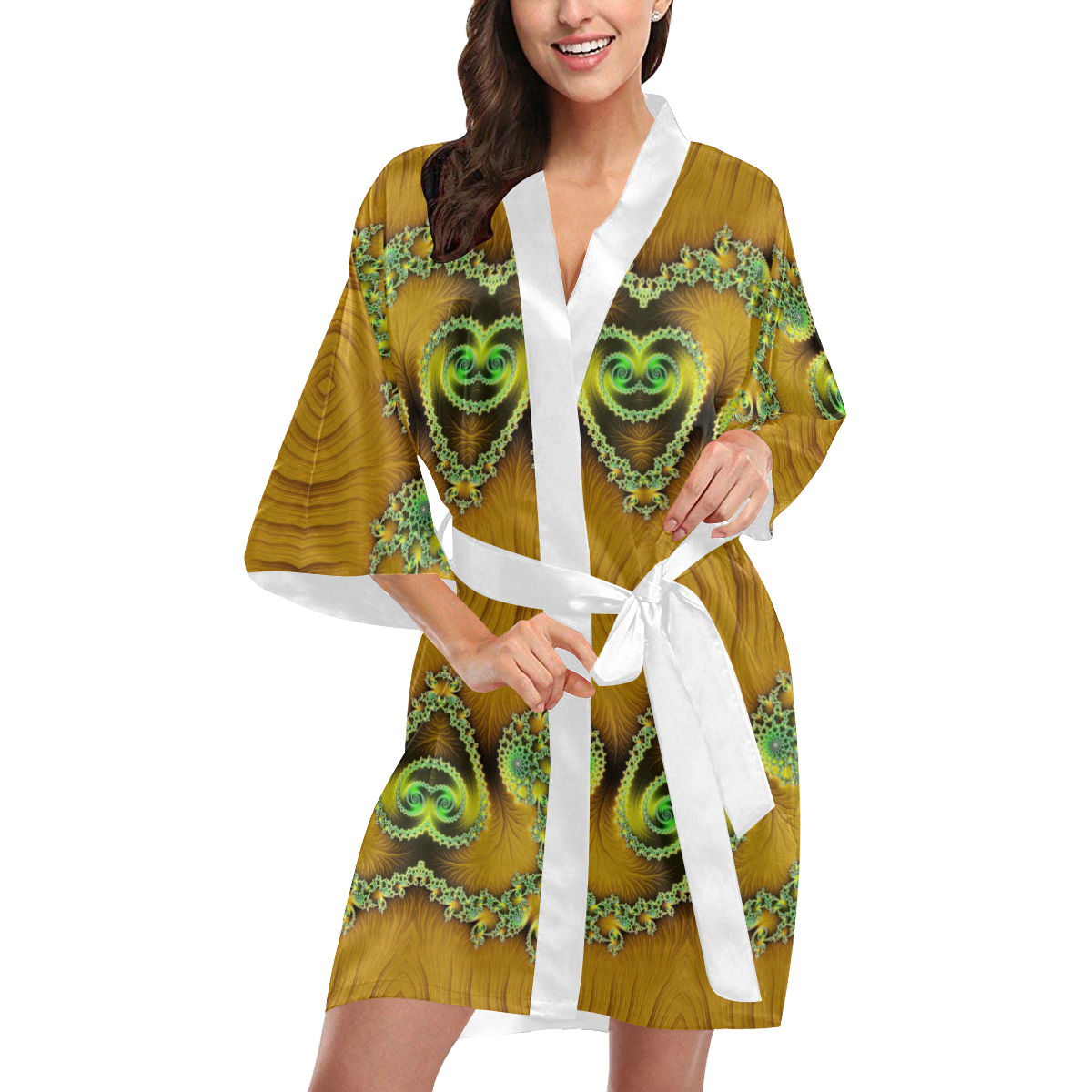 Gold and Green  Hearts  Lace Fractal Abstract Kimono Robe