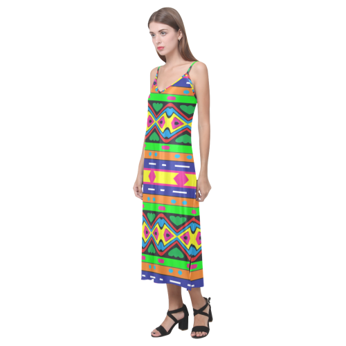 Distorted colorful shapes and stripes V-Neck Open Fork Long Dress(Model D18)