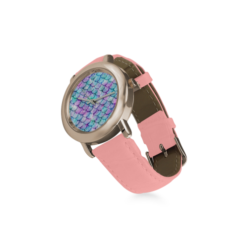 Mermaid light blue and purple Women's Rose Gold Leather Strap Watch(Model 201)