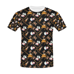 Christmas Gingerbread, Snowman, Reindeer and Santa Claus Black All Over Print T-Shirt for Men/Large Size (USA Size) Model T40)