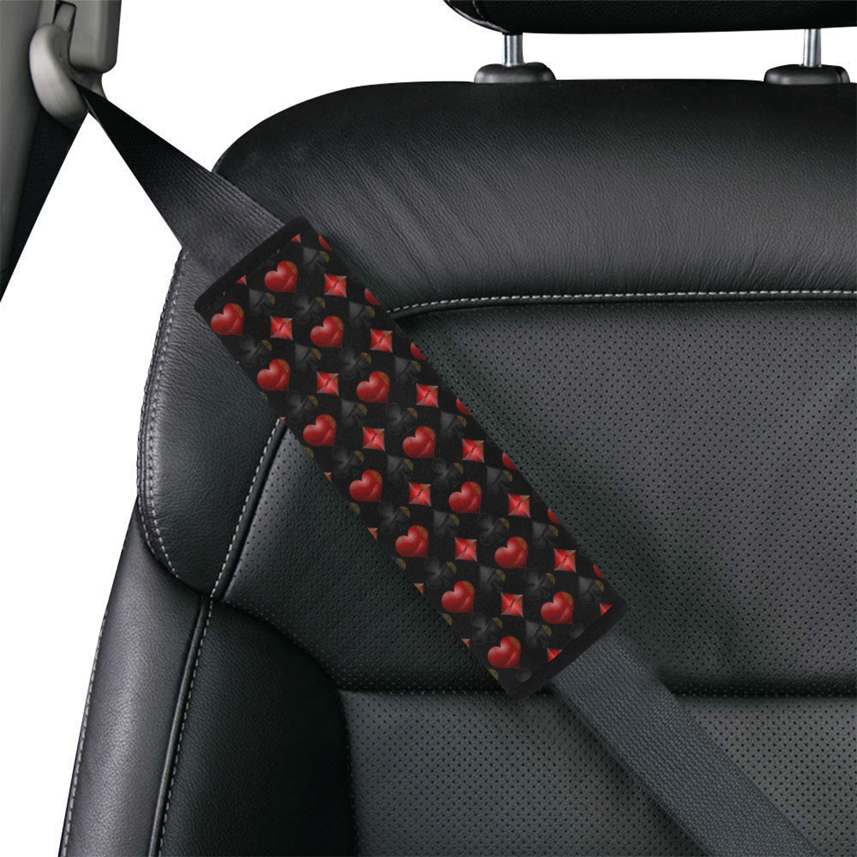 Las Vegas Black and Red Casino Poker Card Shapes on Black Car Seat Belt Cover 7''x8.5''