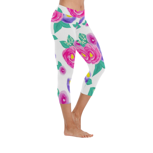 Watercolor Flowers Women's Low Rise Capri Leggings (Invisible Stitch) (Model L08)
