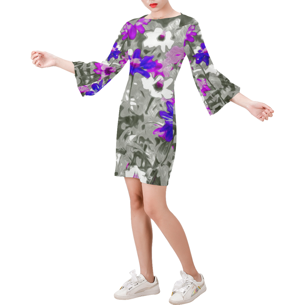 Flowers, black,white and splash C by JamColors Bell Sleeve Dress (Model D52)