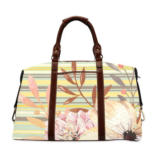Flowers on Stripes Yellow Tan Classic Travel Bag (Model 1643) Remake
