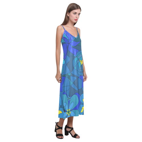 Abstract Blue Floral Design 2020 V-Neck Open Fork Long Dress(Model D18)