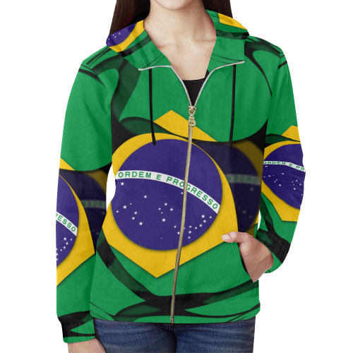 The Flag of Brazil All Over Print Full Zip Hoodie for Women (Model H14)