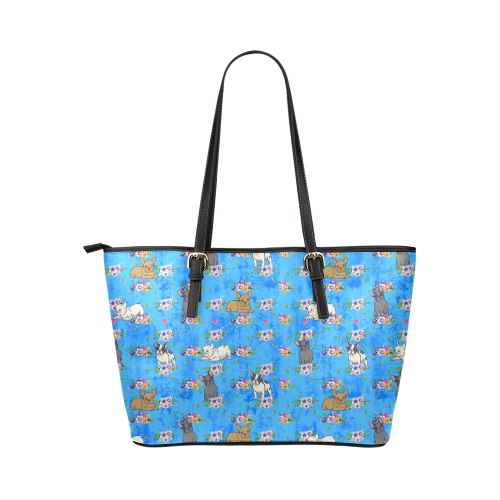 Frenchies in Flowers Leather Tote Bag/Large (Model 1651)
