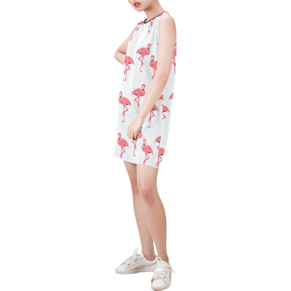 Pretty Pink Flamingo Pattern Sleeveless Round Neck Shift Dress (Model D51)