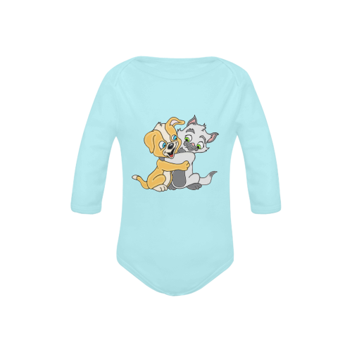 Puppy And Siamese Love Blue Baby Powder Organic Long Sleeve One Piece (Model T27)