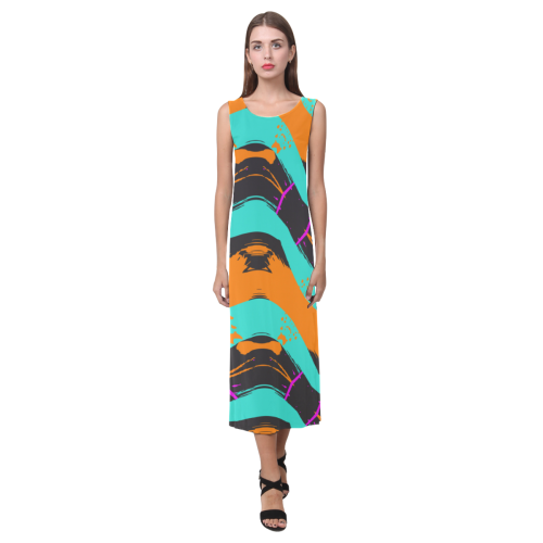 Blue orange black waves Phaedra Sleeveless Open Fork Long Dress (Model D08)