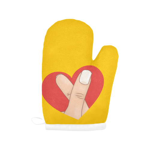 Red Heart Fingers on Yellow Oven Mitt (Two Pieces)
