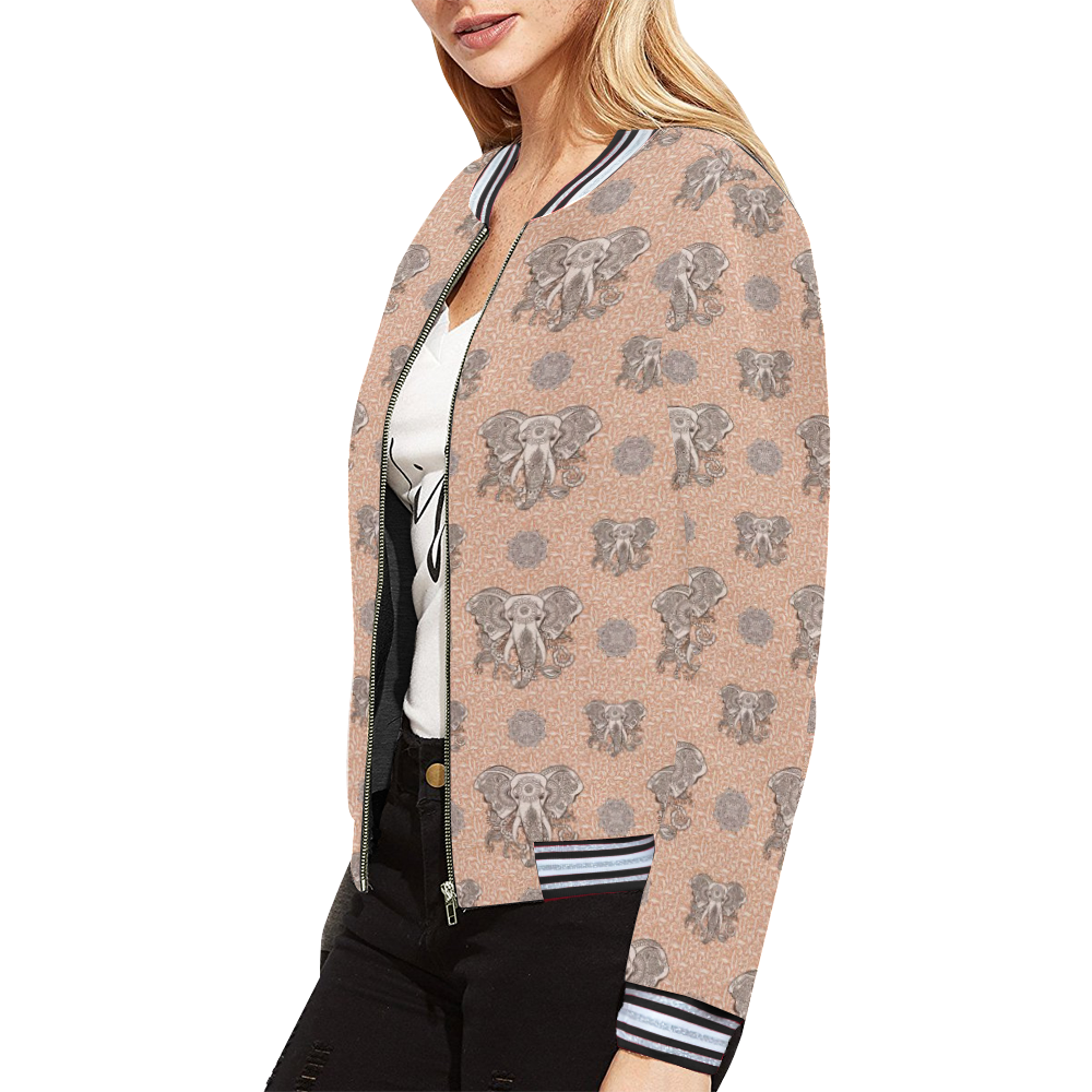 Ethnic Elephant Mandala Pattern All Over Print Bomber Jacket for Women (Model H21)