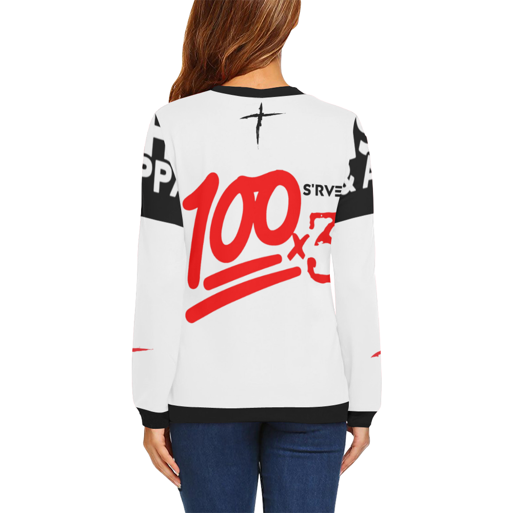 100x3 (White) All Over Print Crewneck Sweatshirt for Women (Model H18)